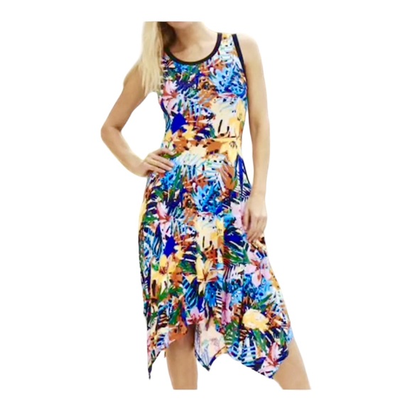 Midnight Velvet Dresses & Skirts - Midnight Velvet T-Shirt Knit Colorful Tropical Floral Lettuce Hem Tank Dress